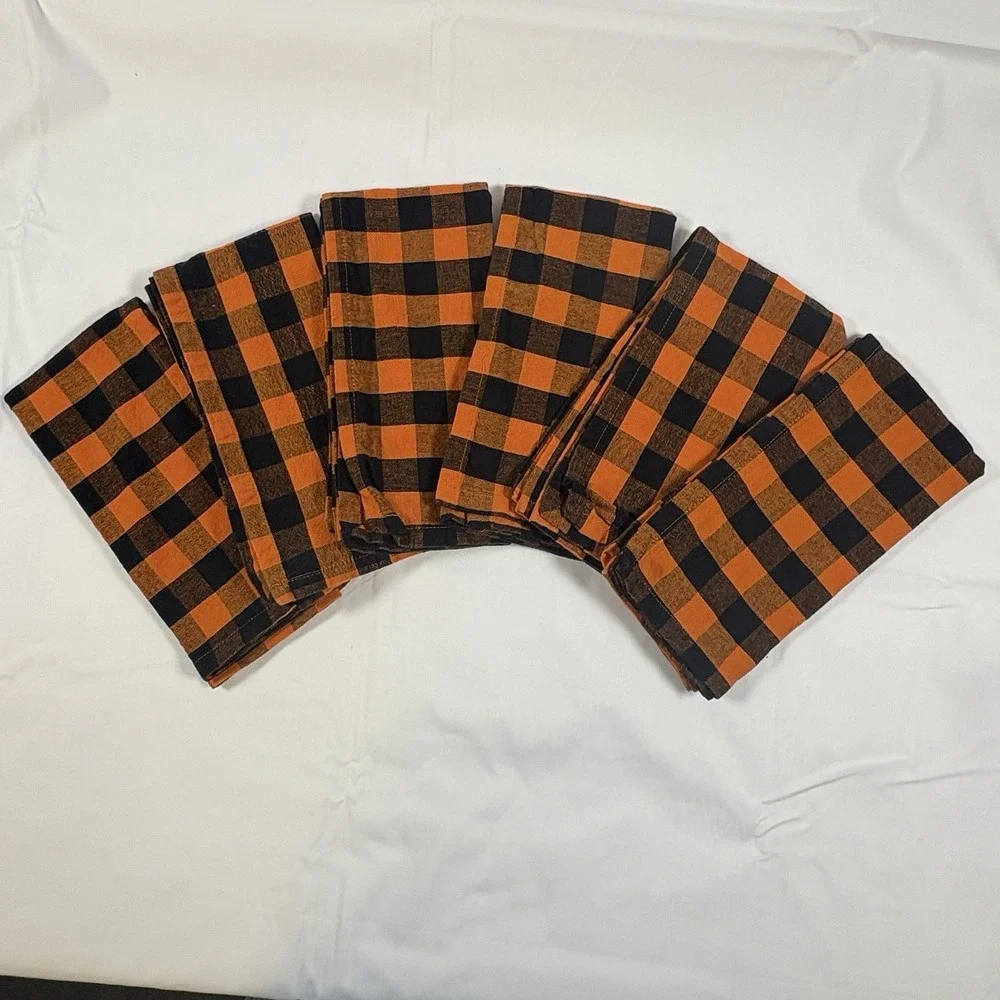 Urban Villa Set of 8 Cloth Napkins Orange Black Buffalo Check Halloween